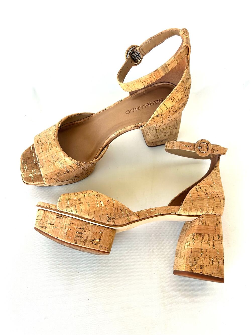 New Bernardo Raleigh Cork Platform Block Heels Gold Fleck 7 Box Anthropologie